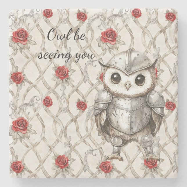 Posavasos De Piedra Knight Owl in Shining Armor Red Roses Seeing You (Anverso)