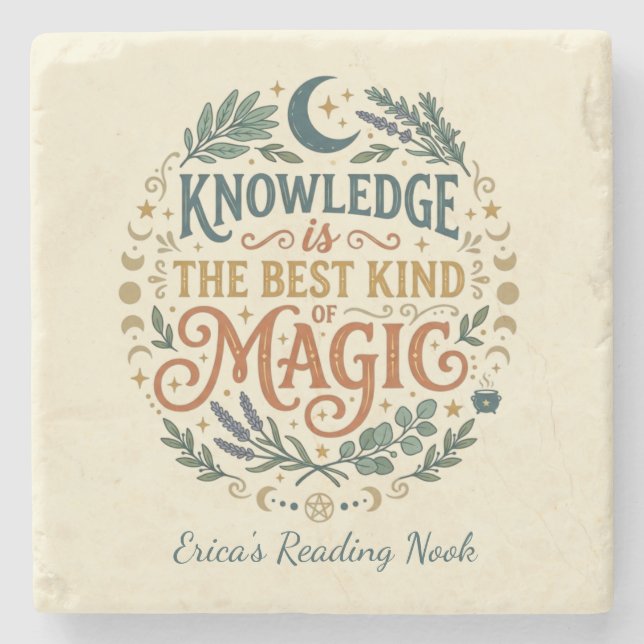 Posavasos De Piedra Knowledge is Magic Book Witch Botanical Moon (Anverso)