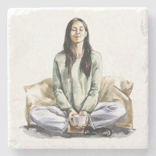 Posavasos De Piedra La mujer relaja y bebe café