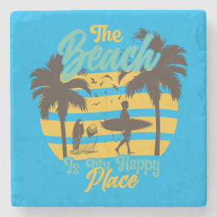 Posavasos De Piedra La playa es mi lugar feliz, verano, surf y palmera