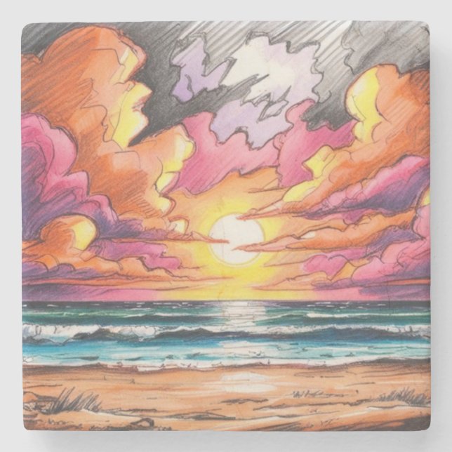 Posavasos De Piedra La puesta de sol en la playa (Anverso)