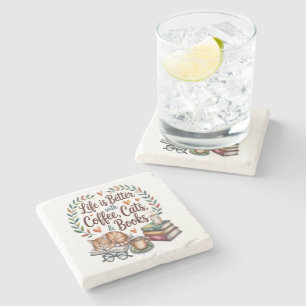 Posavasos De Piedra La vida es mejor con café gatos libros