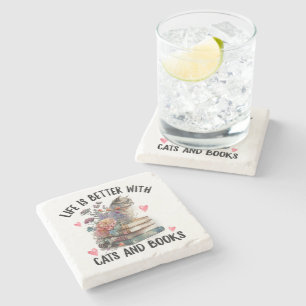 Posavasos De Piedra La vida es mejor con gatos y libros divertido gato