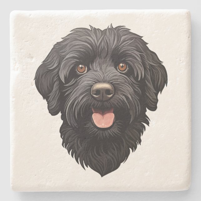 Posavasos De Piedra Labradoodle Perro Negro (Anverso)