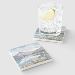 Posavasos De Piedra Lago de Montaña   Paisaje Floral Acuarela