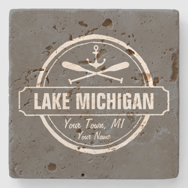Posavasos De Piedra Lago Michigan, ciudad personalizado, nombre, ancla (Anverso)