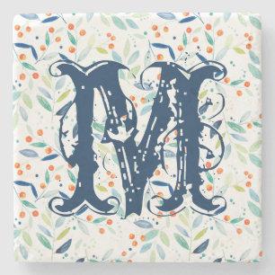 Posavasos De Piedra Láminas de acuarela botánica de color monogramo