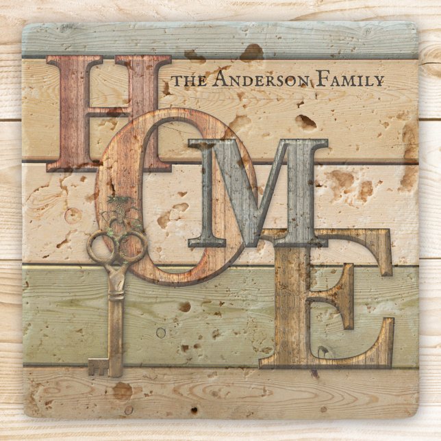 Posavasos De Piedra Láminas de madera para las llaves de casa (Coasters featuring a modern wood design with the letters HOME and a key)