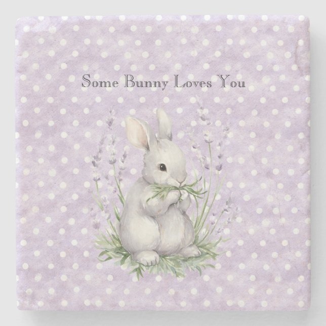 Posavasos De Piedra Lavender White Polka Dots Bunny Rabbit Love (Anverso)