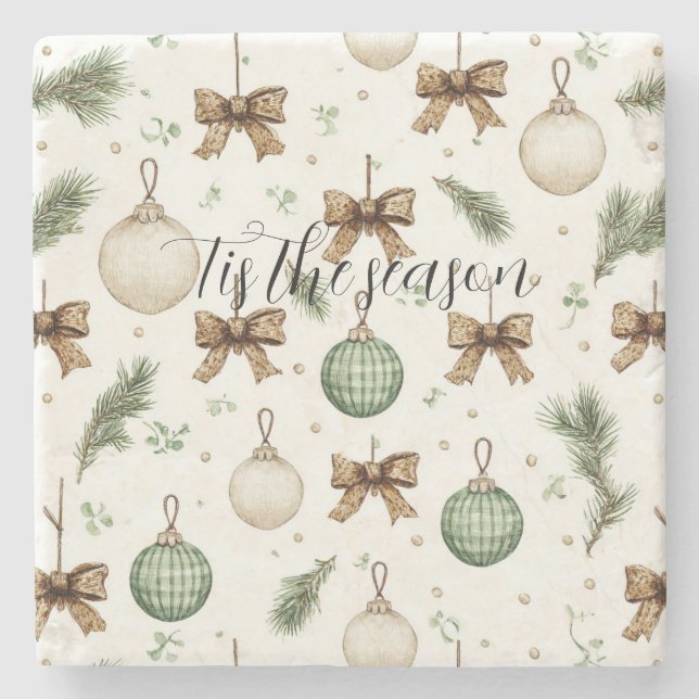 Posavasos De Piedra Lazos Marrón Rústico Crema Verde Navidad   (Anverso)