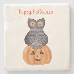 Posavasos De Piedra Lechuza de Halloween feliz y calabaza