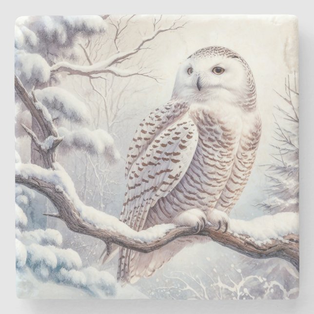 Posavasos De Piedra Lechuza de nieve acuarela (Anverso)