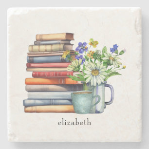 Posavasos De Piedra Lector personalizado floral acuarela Bookstack