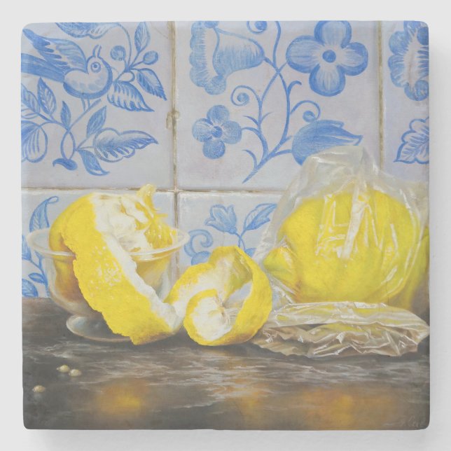 Posavasos De Piedra Lemons and Azulejos — Classic Blue & Yellow Still  (Anverso)