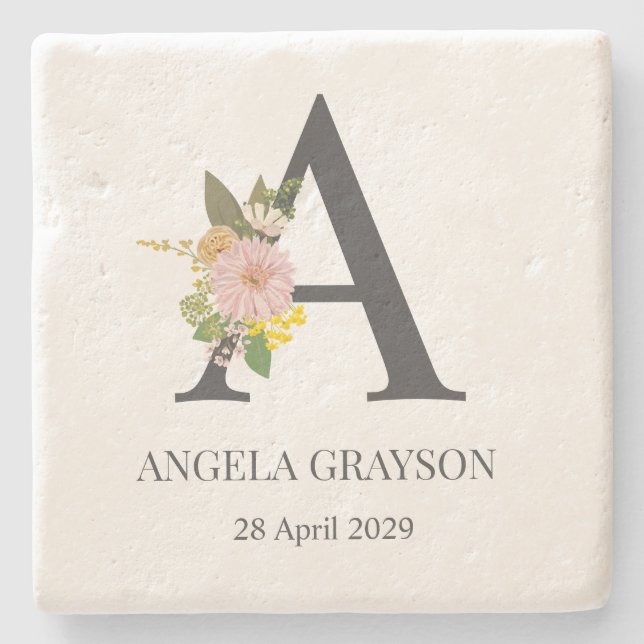 Posavasos De Piedra Letra floral monograma a nombre personalizado y fe (Anverso)