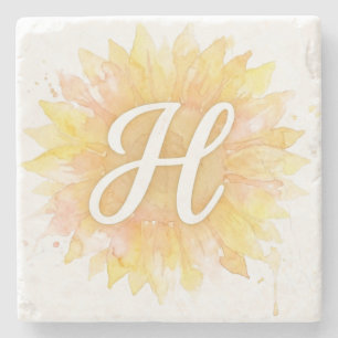 Posavasos De Piedra Letra H Girasol Primera Letra Monograma Inicial 