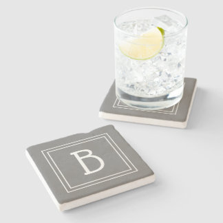 Posavasos De Piedra Letra Inicial Clásica con Monograma Gris y Blanco