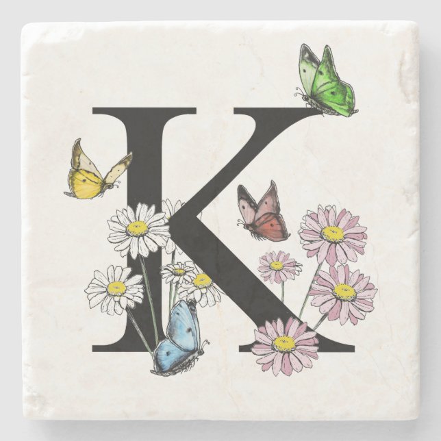 Posavasos De Piedra Letra K acuarela floral mariposa monograma (Anverso)