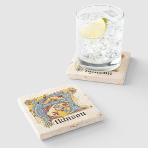 Posavasos De Piedra Letra medieval azul y marfil rojo iluminada A