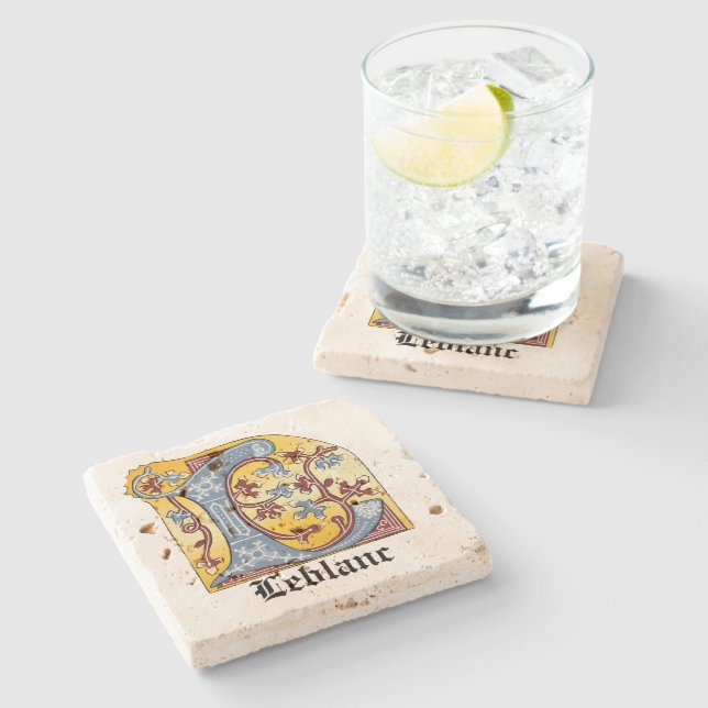 Posavasos De Piedra Letra medieval azul y marfil rojo iluminada L (Lateral)