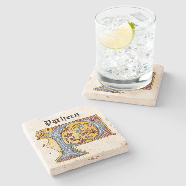 Posavasos De Piedra Letra medieval azul y marfil rojo iluminada P (Lateral)