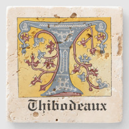 Posavasos De Piedra Letra medieval azul y marfil rojo iluminada T