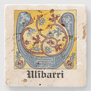 Posavasos De Piedra Letra medieval azul y marfil rojo iluminada U