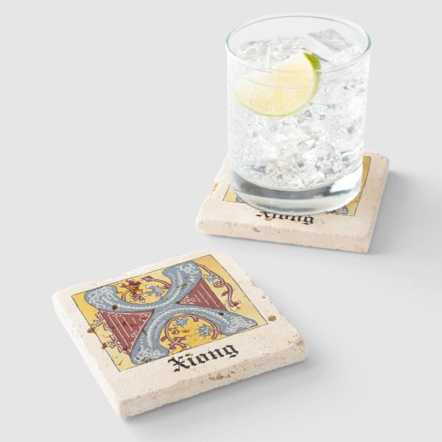 Posavasos De Piedra Letra medieval azul y marfil rojo iluminada X (Lateral)