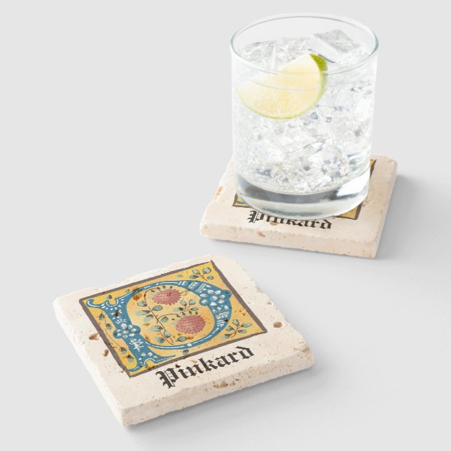 Posavasos De Piedra Letra medieval floral iluminada monograma P (Lateral)