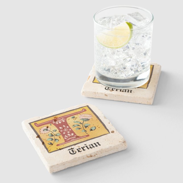 Posavasos De Piedra Letra medieval floral iluminada monograma T (Lateral)