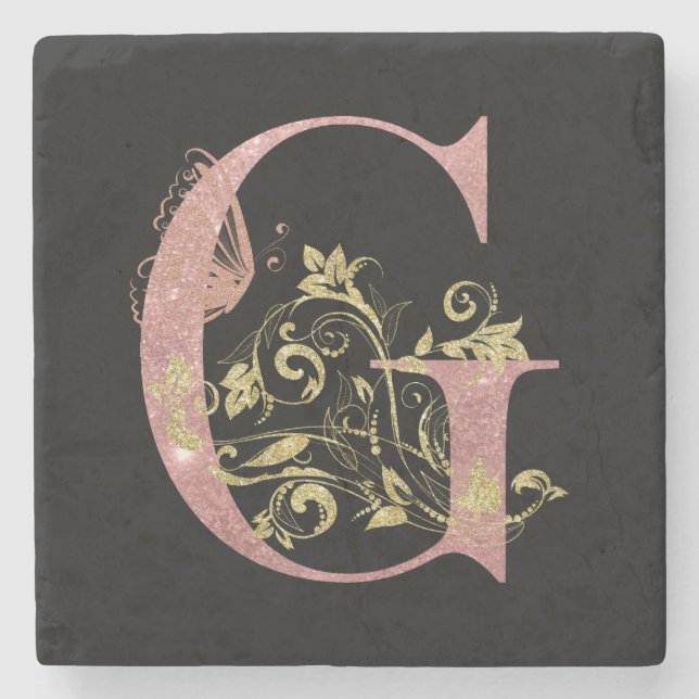 Posavasos De Piedra Letra rosa Purpurina floral G (Anverso)