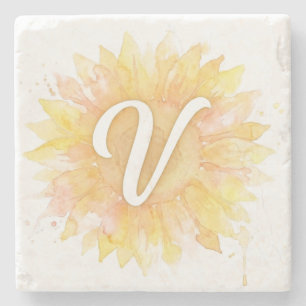 Posavasos De Piedra Letra V Girasol Nombre de pila Monograma Inicial