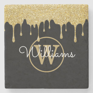 Posavasos De Piedra Letras de Monograma con Brillos de Oro sobre Negro