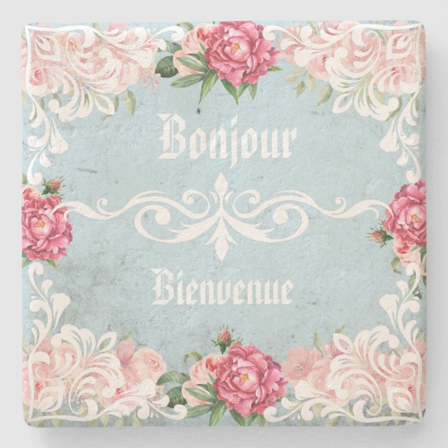 Posavasos De Piedra letras french personalizado artística botánica de  (Anverso)