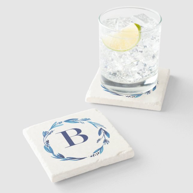 Posavasos De Piedra Leyenda floral azul 'B' (Lateral)