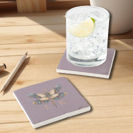Posavasos De Piedra Libélula Monograma Arte Popular Suave Púrpura