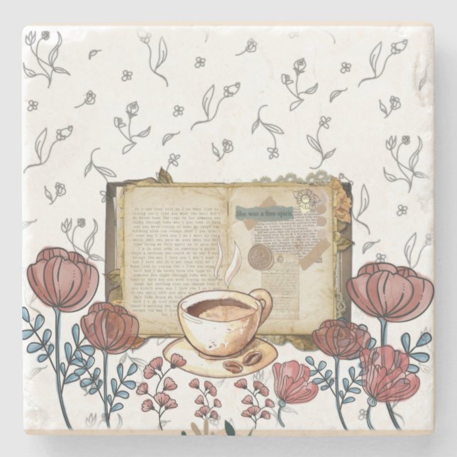 Posavasos De Piedra Libros de época, café, flores, arte clásico de los (Anverso)