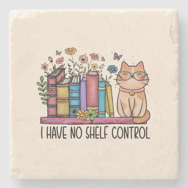 Posavasos De Piedra Libros florales y gato (Anverso)