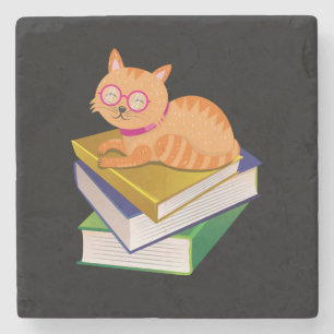 Posavasos De Piedra Libros - Gato y Libros Regalo para Amantes de los