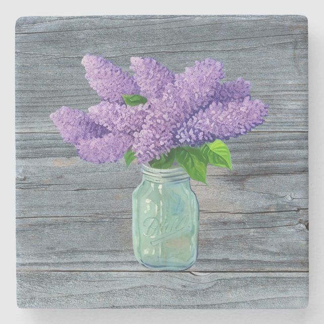 Posavasos De Piedra Lilacs En Mason Jar Rústico (Anverso)
