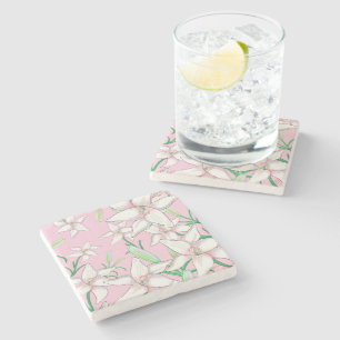 Posavasos De Piedra Lillies blancos sobre el Ilustracion de fondo rosa