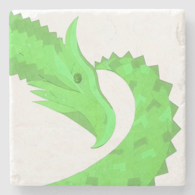 Posavasos De Piedra Lime dragón de corazón verde sobre blanco (Anverso)