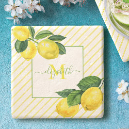 Posavasos De Piedra Limones monograma acuarela rayas rústico campo