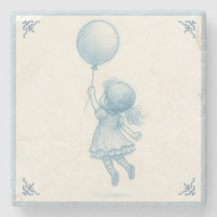 Posavasos De Piedra Linda niña retro pastel azul caprichosa con globo
