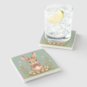 Posavasos De Piedra Lindo conejo marrón adorable con corbata de lazo