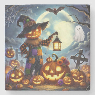 Posavasos De Piedra Lindo espantapájaros de Halloween y calabazas capr