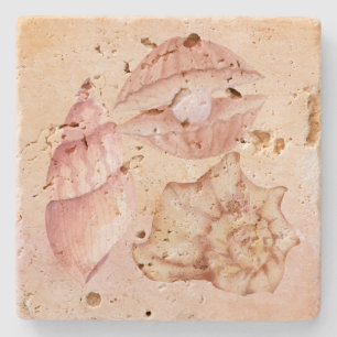 Posavasos De Piedra Lindo fondo náutico con concha de mar rosa