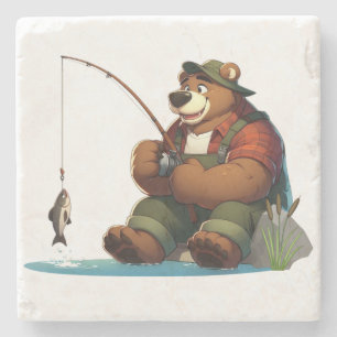 Posavasos De Piedra Lindo oso pescador al aire libre