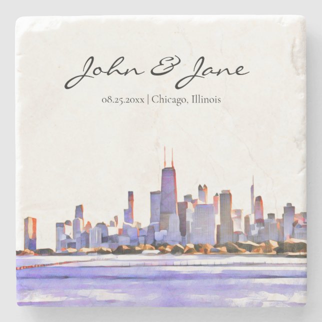 Posavasos De Piedra Línea aérea personalizada de Chicago (Anverso)