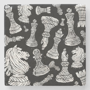Posavasos De Piedra Linocut de figuras de ajedrez en blanco y negro